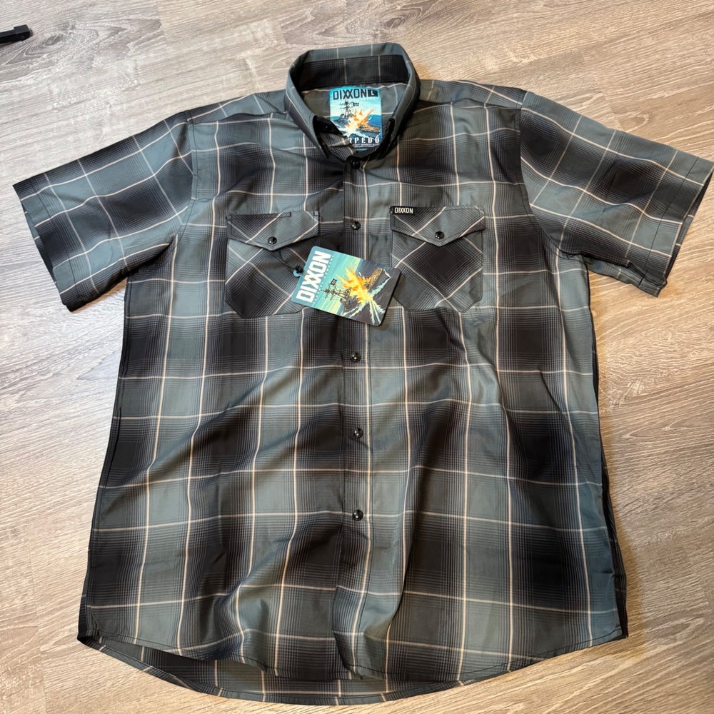 Dixxon Flannel Co Torpedo Bamboo Short Sleeve Shirt Mens Large Grey Black Plaid - Picture 2 of 4